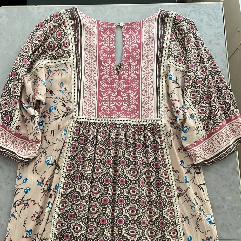 Sundance Everyday Dream Dress pink brown cream boho floral crochet loose size S - Picture 7 of 16